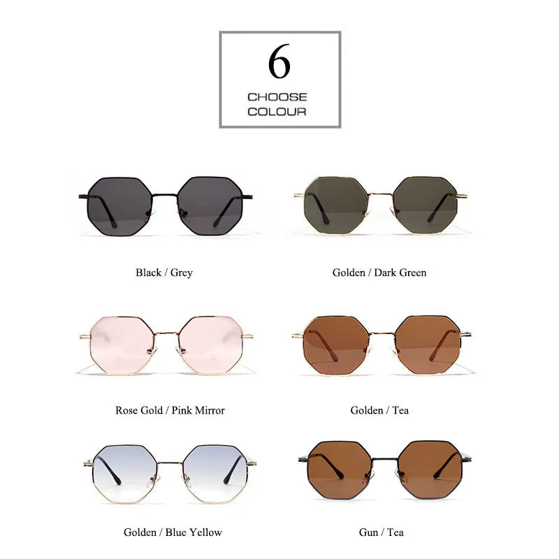 Lunettes de soleil rétro à monture métallique hexagonale, marque de styliste à la mode, nuances miroir en or Rose, UV400