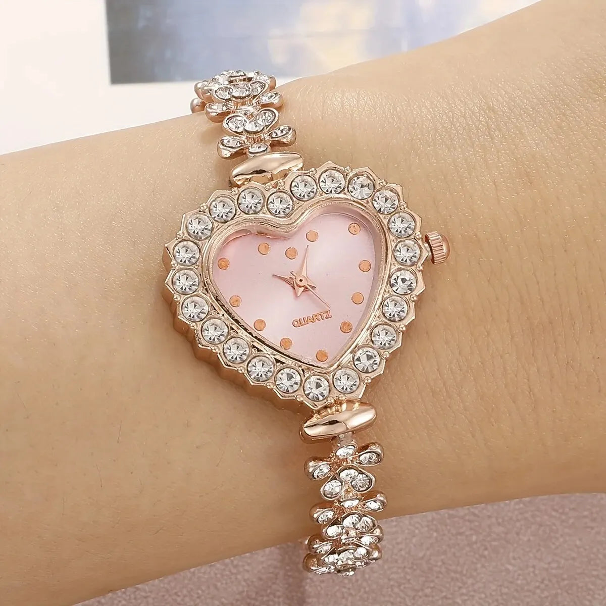 6 pièces montre pour femme strass coeur pointeur montre à Quartz mignon Bracelet montre-Bracelet et ensemble de bijoux, cadeau pour femme