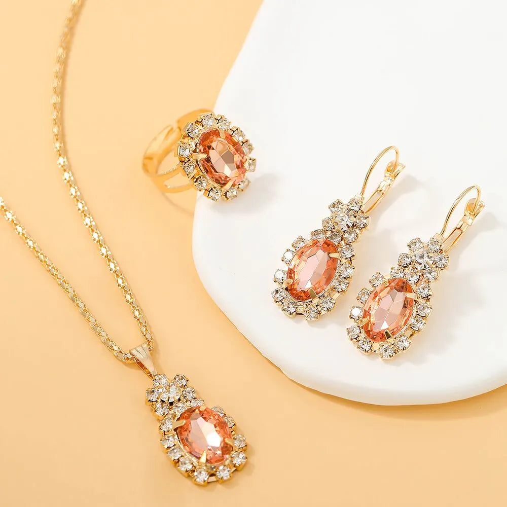 4 pièces ensembles exquis goutte d'eau strass collier boucles d'oreilles bague ensemble de bijoux charme dames bijoux mode cadeaux de mariée