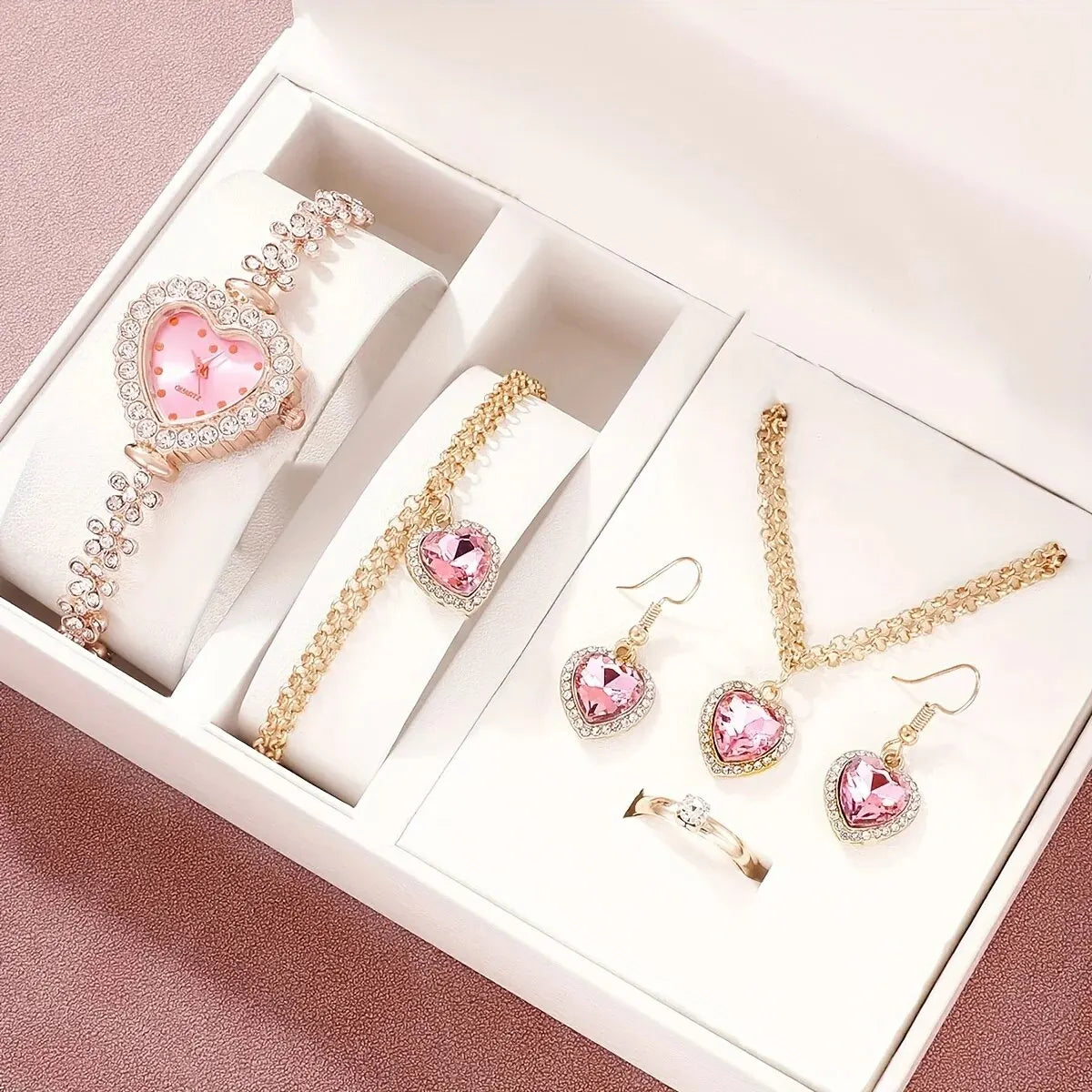 6 pièces montre pour femme strass coeur pointeur montre à Quartz mignon Bracelet montre-Bracelet et ensemble de bijoux, cadeau pour femme