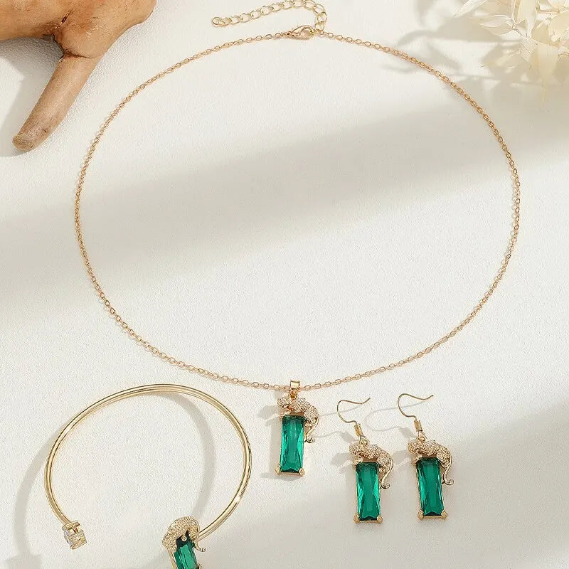 Ensemble de bijoux en Zircon carré vert léopard émeraude, 3 pièces, collier, bracelet, boucles d'oreilles, cadeau de fête pour femmes