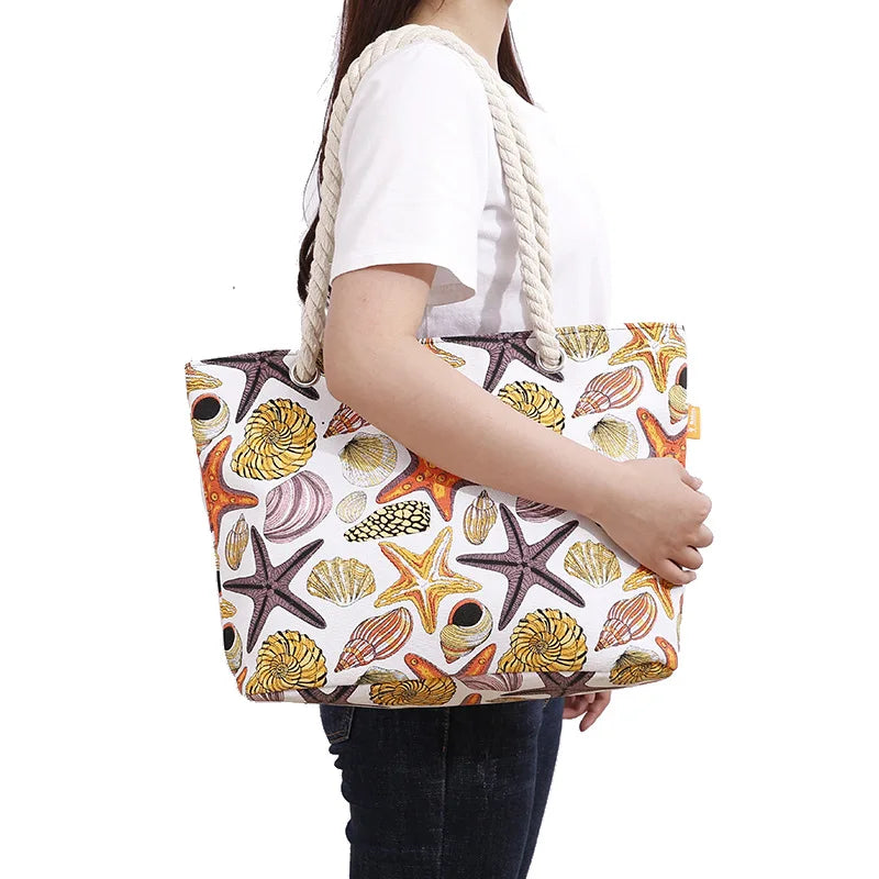 Sac à main en toile pour femmes, grande capacité, imprimé coquillages conques, épaule Simple, Style océan, fourre-tout de plage Portable, livraison directe