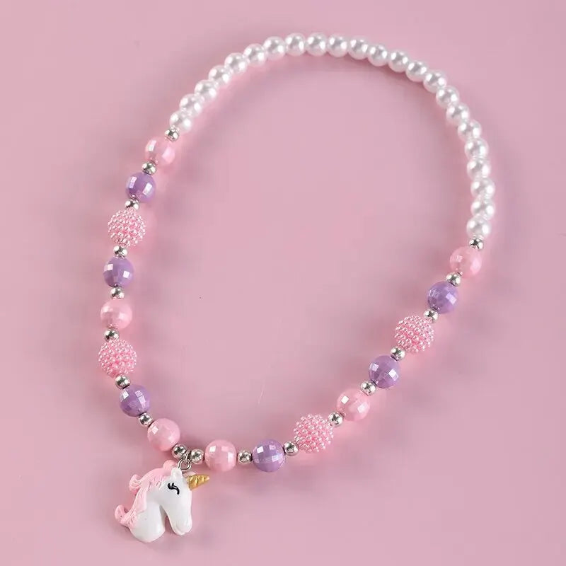 2 pièces ensemble licorne pendentif coeur Bracelet à breloques enfant ensemble de bijoux rose violet mélange couleur perlée mignon filles collier Bracelet ensemble