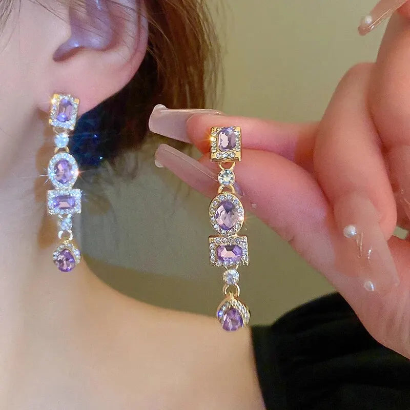 Boucles d'oreilles longues en strass colorés brillants pour femmes, boucles d'oreilles géométriques carrées pendantes, bijoux de fête de mariage, cadeau