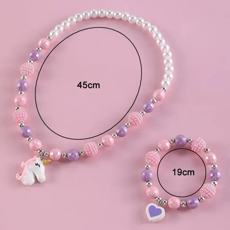 2 pièces ensemble licorne pendentif coeur Bracelet à breloques enfant ensemble de bijoux rose violet mélange couleur perlée mignon filles collier Bracelet ensemble