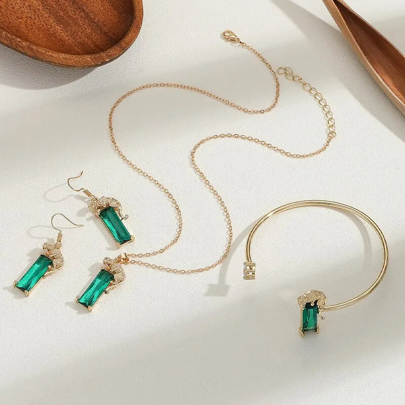 Ensemble de bijoux en Zircon carré vert léopard émeraude, 3 pièces, collier, bracelet, boucles d'oreilles, cadeau de fête pour femmes