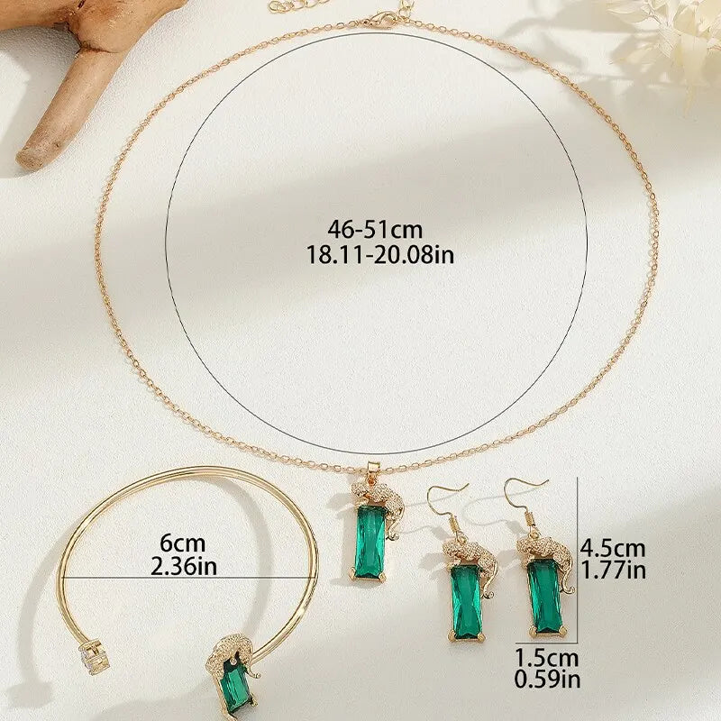 Ensemble de bijoux en Zircon carré vert léopard émeraude, 3 pièces, collier, bracelet, boucles d'oreilles, cadeau de fête pour femmes