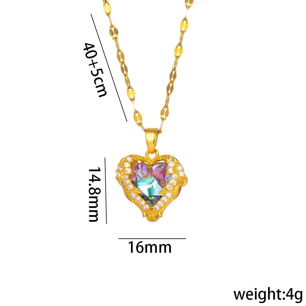 Colliers tendance en forme de cœur en acier inoxydable et zircone cubique pour femmes et hommes, couleur or, métal et cristal, bijoux de fête de tous les jours