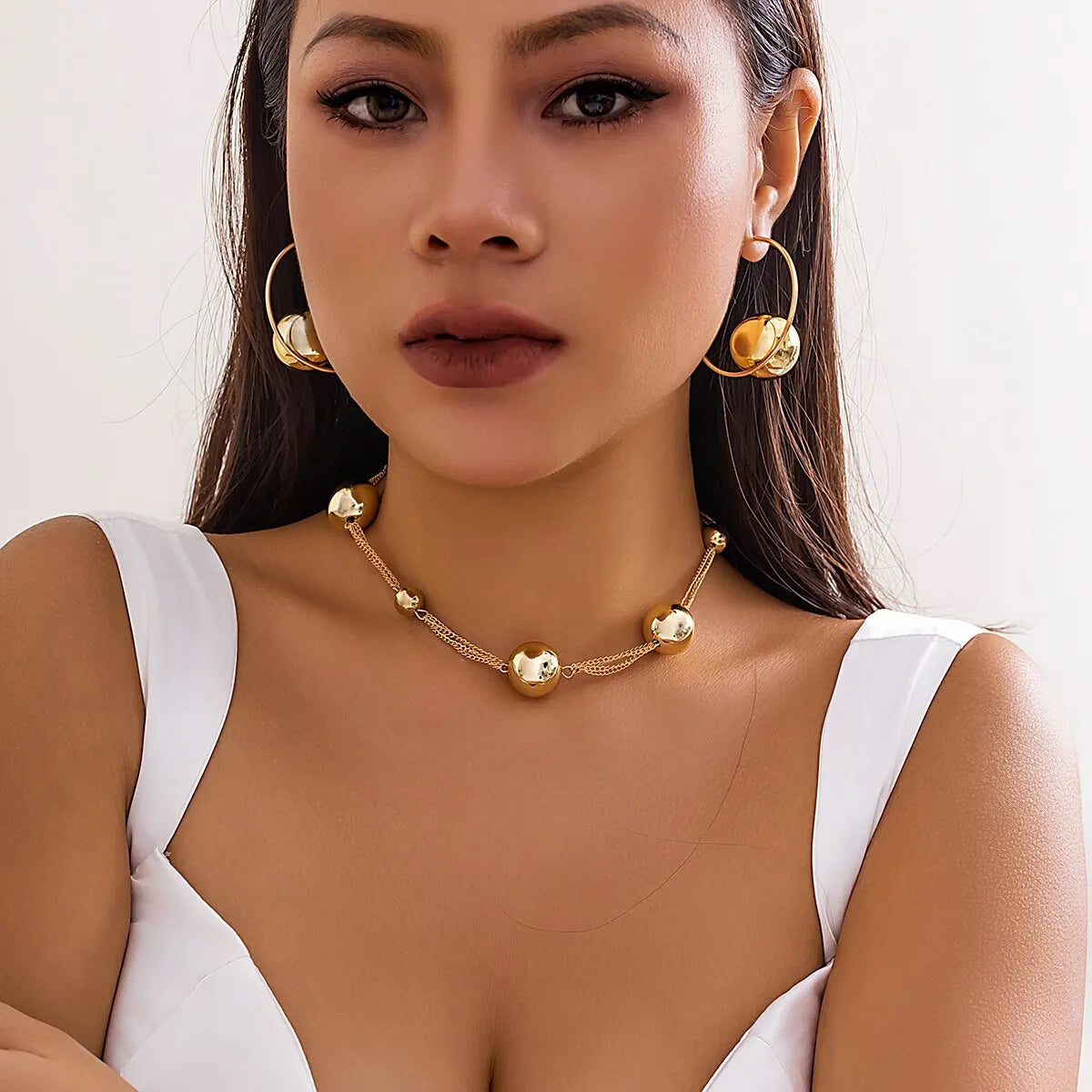 Punk acrylique CCB grosse boule chaîne de perles collier boucles d'oreilles pour femmes Vintage grosse clavicule chaîne Grunge - ensemble de bijoux Steampunk