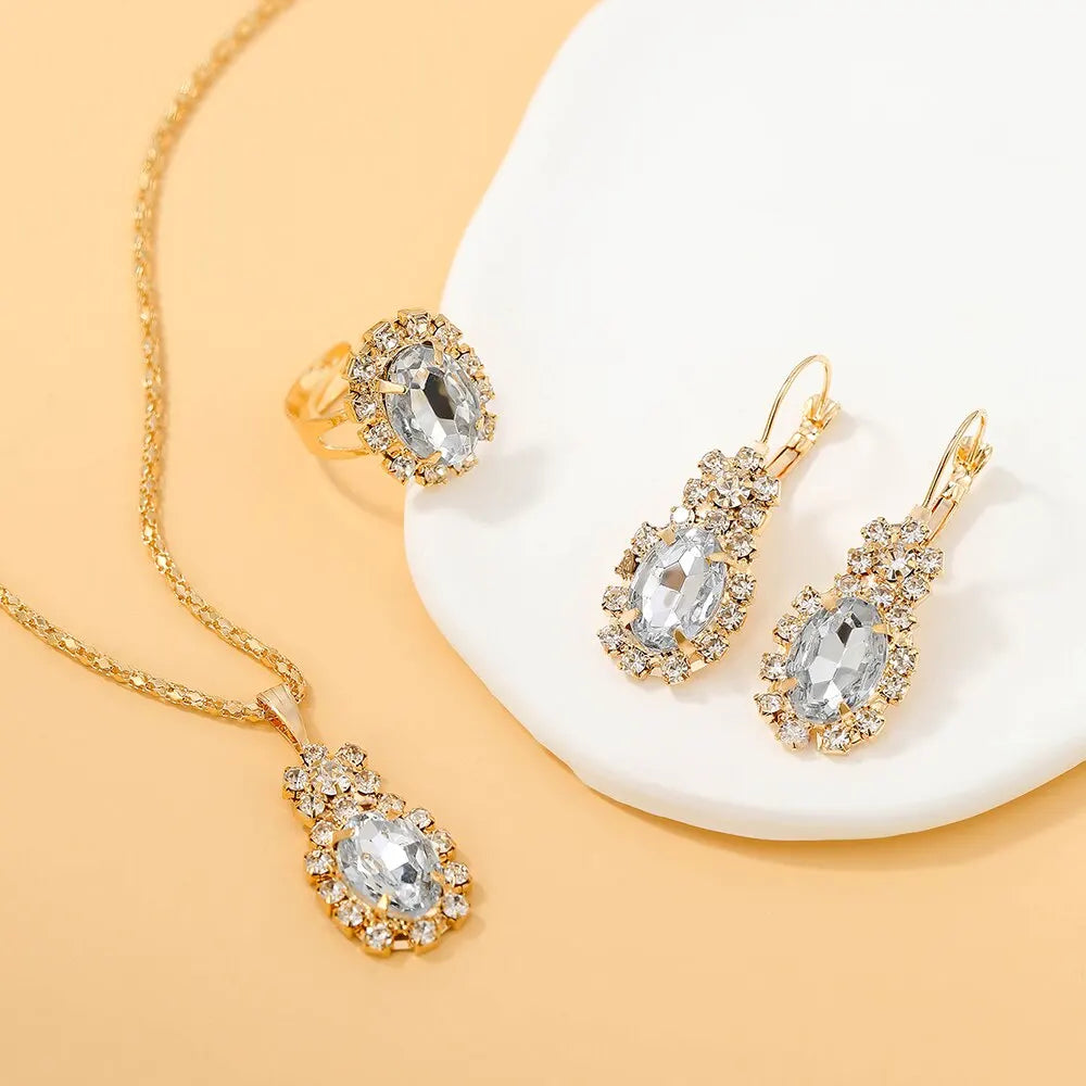 4 pièces ensembles exquis goutte d'eau strass collier boucles d'oreilles bague ensemble de bijoux charme dames bijoux mode cadeaux de mariée