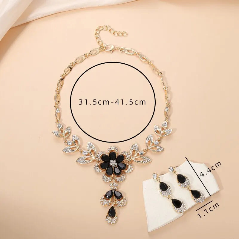 Collier et boucles d'oreilles en cristal noir pour femmes, ensemble de bijoux de luxe, couleur or, strass, goutte d'eau, bijoux de mariage Vintage