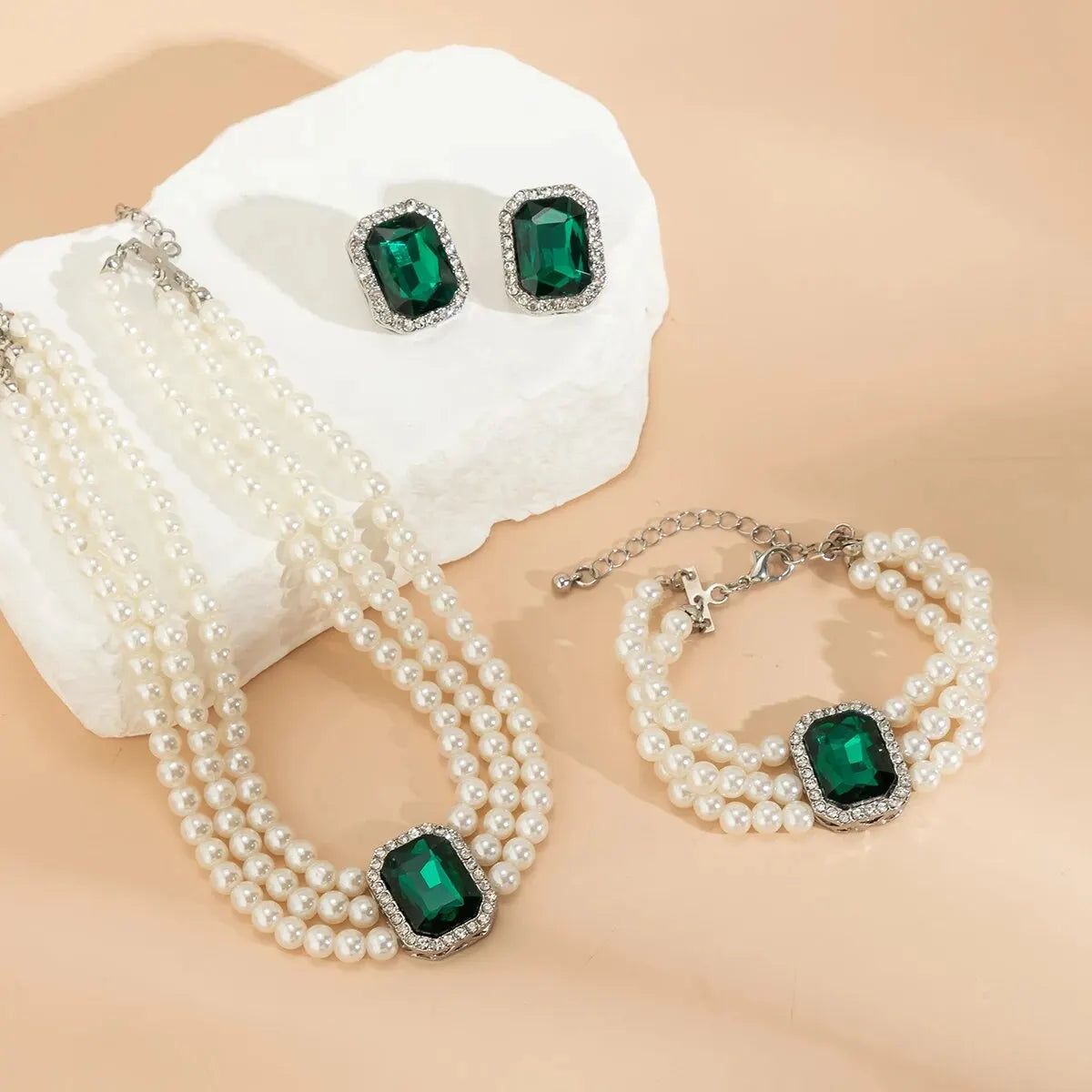 3 pièces multicouches Imitation perle cristal chaîne collier Bracelet femmes mariage mariée Goth boucles d'oreilles ensemble de bijoux accessoires