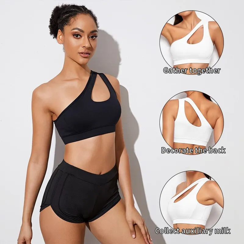 Soutien-gorge de sport Push Up pour femmes, asymétrique épaule dénudée, antichoc, soutien-gorge de Yoga, noir et blanc, soutien-gorge de course, gilet Sexy