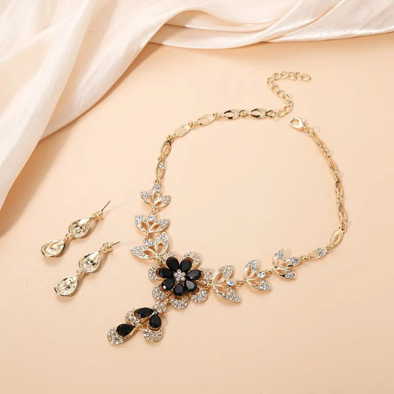 Collier et boucles d'oreilles en cristal noir pour femmes, ensemble de bijoux de luxe, couleur or, strass, goutte d'eau, bijoux de mariage Vintage