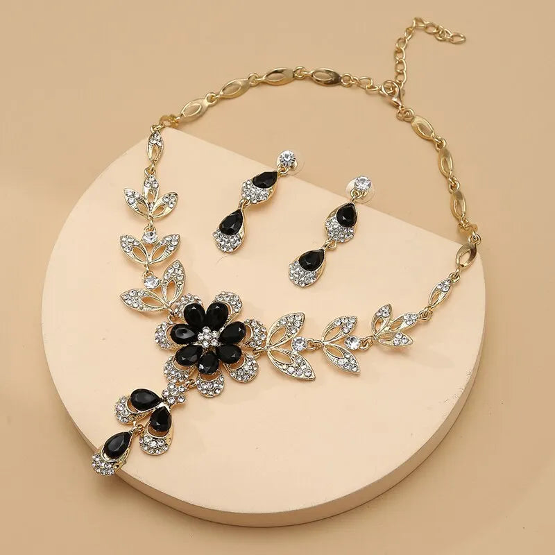 Collier et boucles d'oreilles en cristal noir pour femmes, ensemble de bijoux de luxe, couleur or, strass, goutte d'eau, bijoux de mariage Vintage