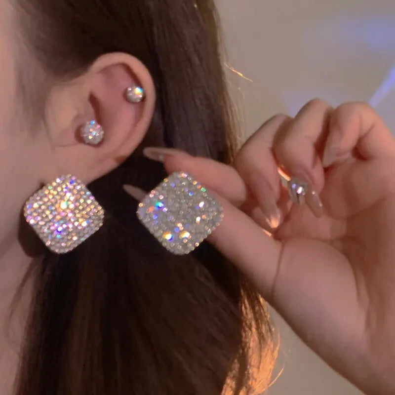 Boucles d'oreilles brillantes en strass pour femmes, boucles d'oreilles géométriques carrées et ovales, pour fête, bijoux cadeaux de mariage