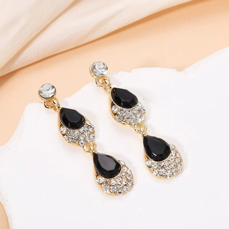 Collier et boucles d'oreilles en cristal noir pour femmes, ensemble de bijoux de luxe, couleur or, strass, goutte d'eau, bijoux de mariage Vintage
