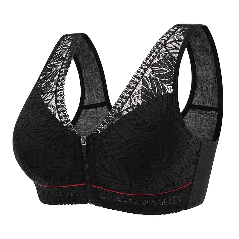 Soutien-gorge respirant en coton doux pour femmes, sous-vêtements sans armature, bretelles en dentelle, débardeur à feuilles, grande taille, fermeture éclair sur le devant