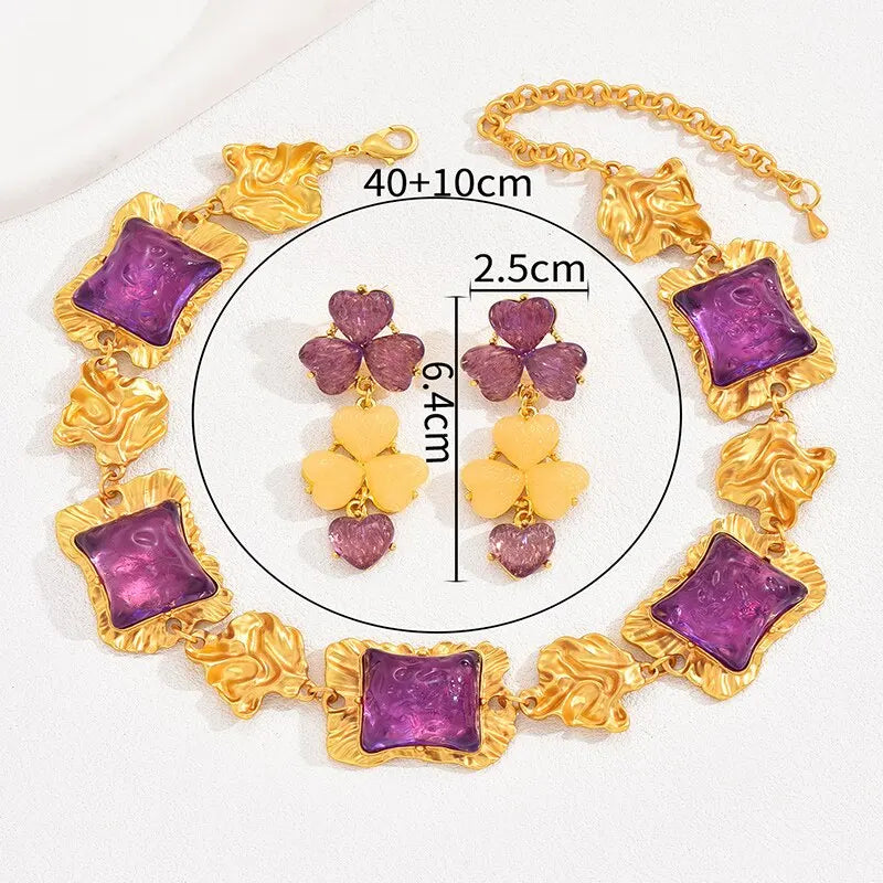 Ensemble de bijoux carrés en pierre violette pour femmes, collier plaqué or en forme de fleur, boucles d'oreilles en métal martelé, Style tendance, 2 pièces