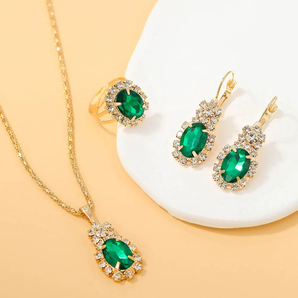 4 pièces ensembles exquis goutte d'eau strass collier boucles d'oreilles bague ensemble de bijoux charme dames bijoux mode cadeaux de mariée