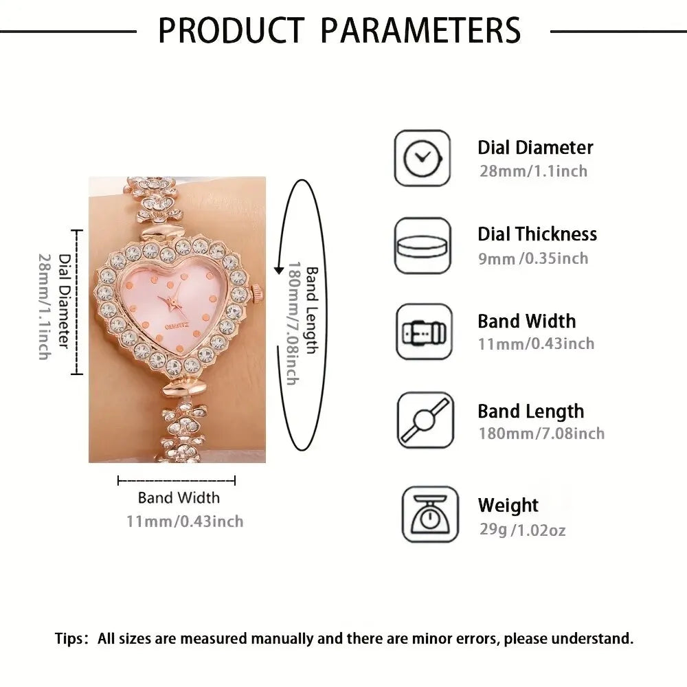 6 pièces montre pour femme strass coeur pointeur montre à Quartz mignon Bracelet montre-Bracelet et ensemble de bijoux, cadeau pour femme