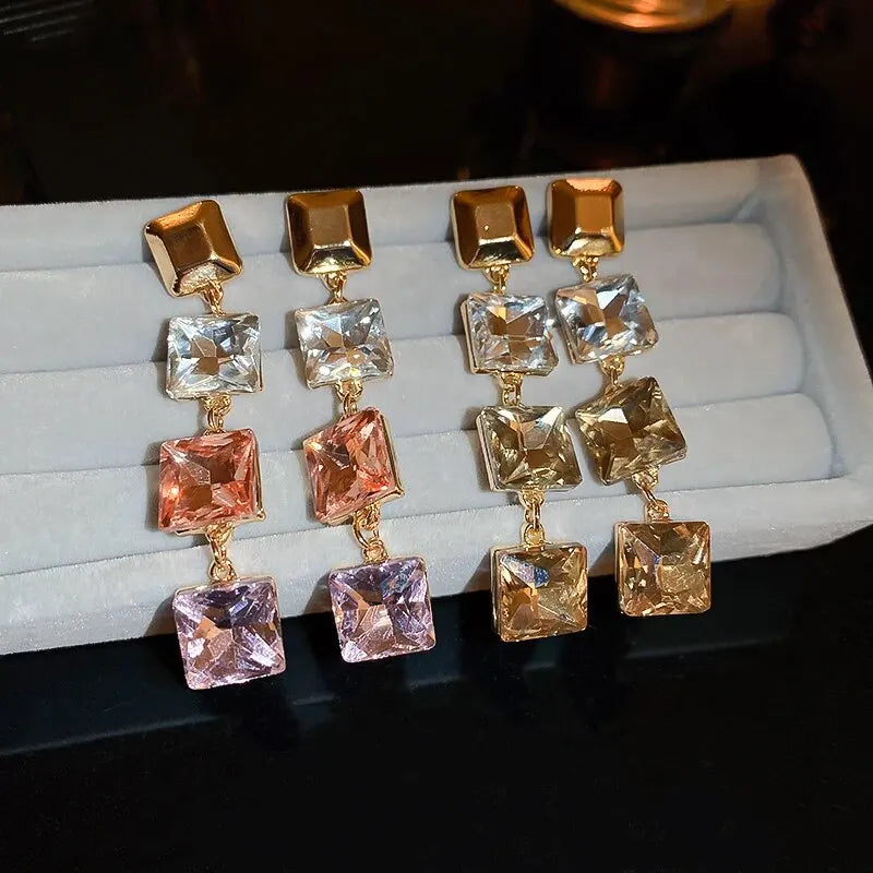 Boucles d'oreilles longues en strass colorés brillants pour femmes, boucles d'oreilles géométriques carrées pendantes, bijoux de fête de mariage, cadeau
