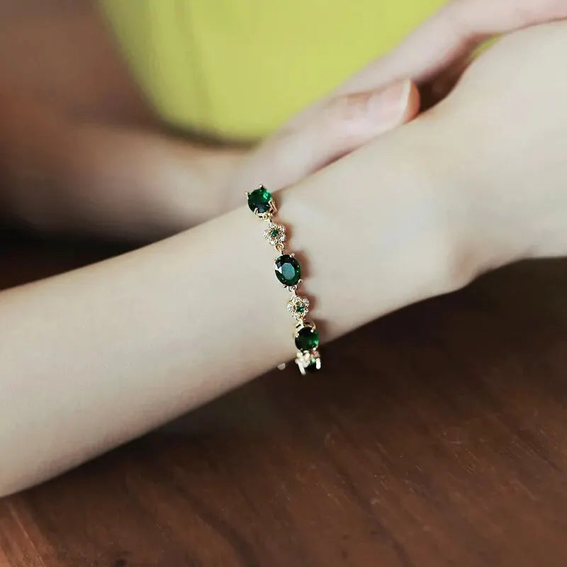 Bracelet de luxe en cristal strass vert, couleur or, chaîne à maillons, Vintage, fête de mariage, bijoux cadeaux de mariée