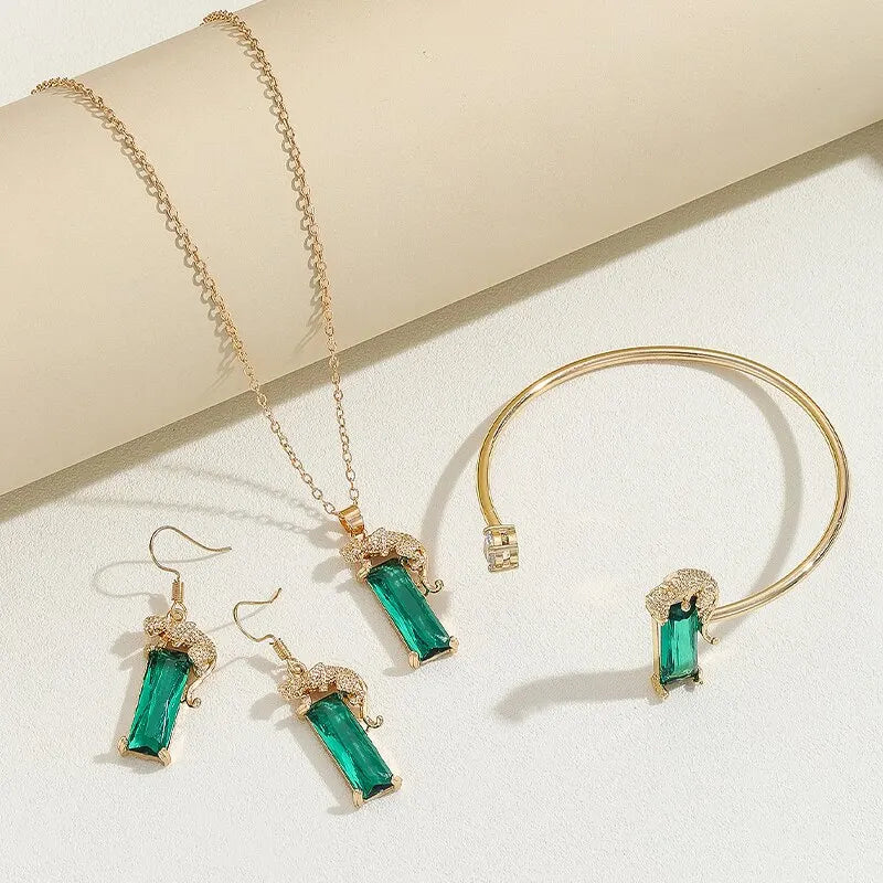 Ensemble de bijoux en Zircon carré vert léopard émeraude, 3 pièces, collier, bracelet, boucles d'oreilles, cadeau de fête pour femmes