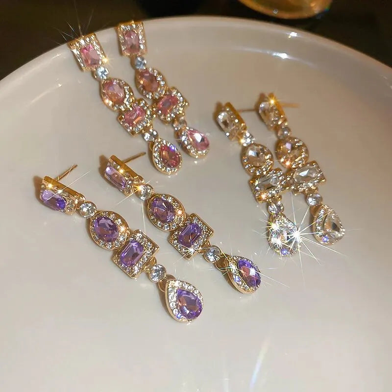 Boucles d'oreilles longues en strass colorés brillants pour femmes, boucles d'oreilles géométriques carrées pendantes, bijoux de fête de mariage, cadeau