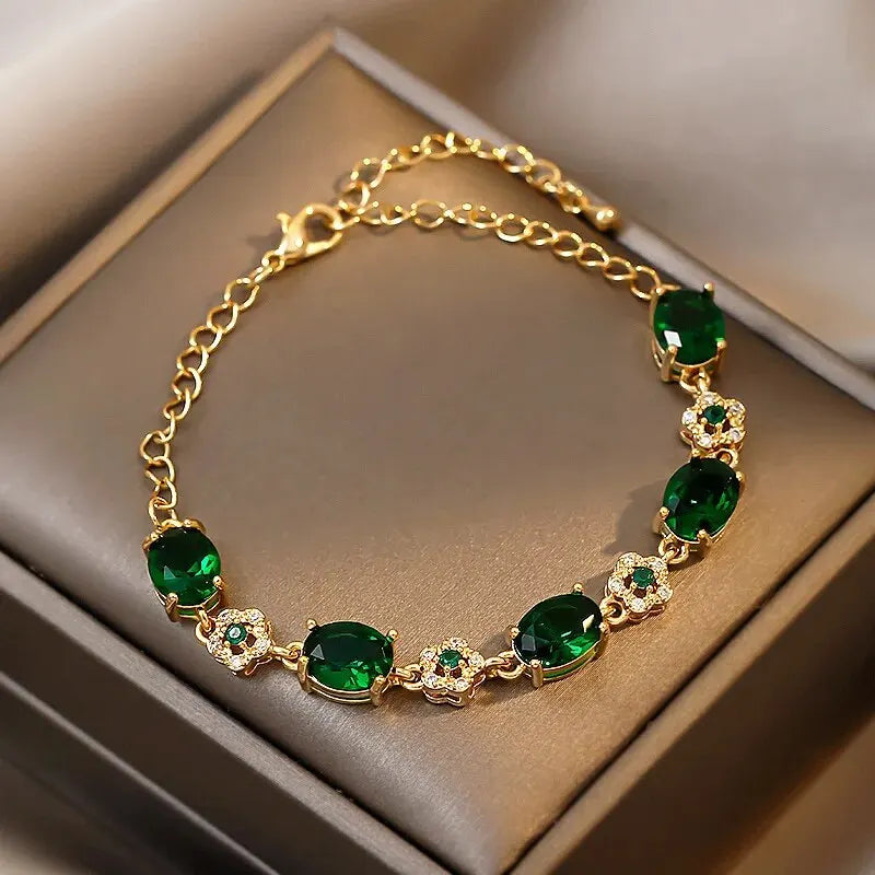 Bracelet de luxe en cristal strass vert, couleur or, chaîne à maillons, Vintage, fête de mariage, bijoux cadeaux de mariée