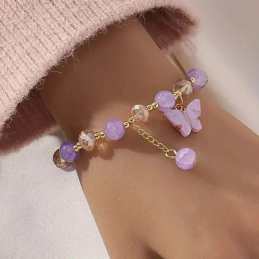 Bracelet extensible en perles pour femmes, breloque papillon violet, perles à facettes multicolores, breloque ronde, bijoux mignons pour filles, cadeau