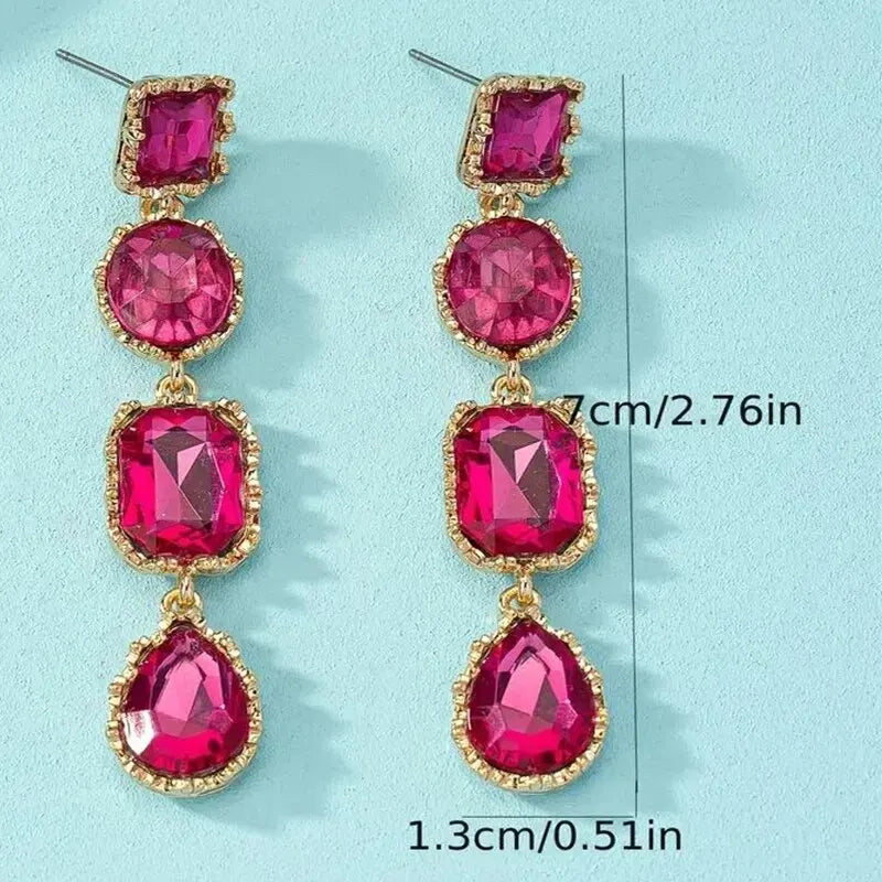 Fuchsia Square Waterdrop Crystal Drop Earrings Gold Plating Green Purple Oval Glass Stone Dangle Earrings Party Evening Jewelry