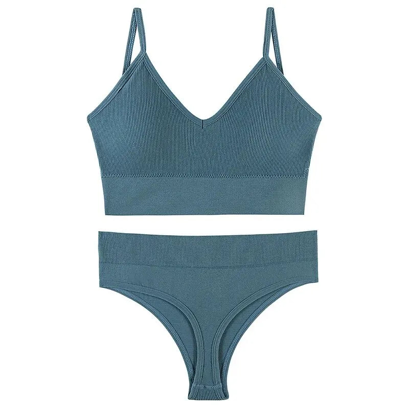 1 Ensemble soutien-gorge et culotte sans couture, soutien-gorge sans fil fin et solide et string côtelé, ensemble de Lingerie et sous-vêtements pour femmes