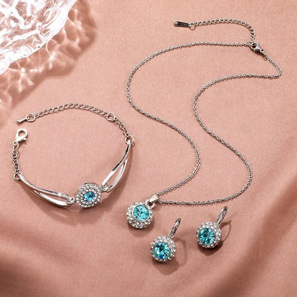 Ensemble de bijoux en cristal pour femmes, 4 pièces, bagues, collier, boucles d'oreilles, Bracelet, haute Performance, couleur argentée, cadeau de fête