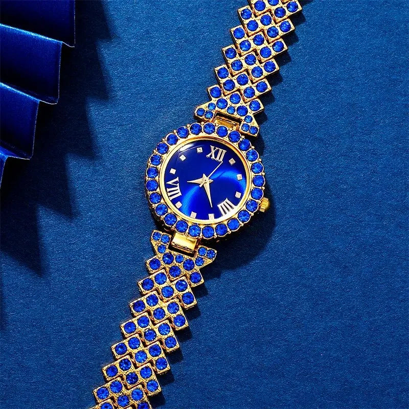 Nouvelle montre de luxe femmes collier boucle d'oreille bleu strass mode montre-bracelet décontracté dames montres ensemble de bijoux