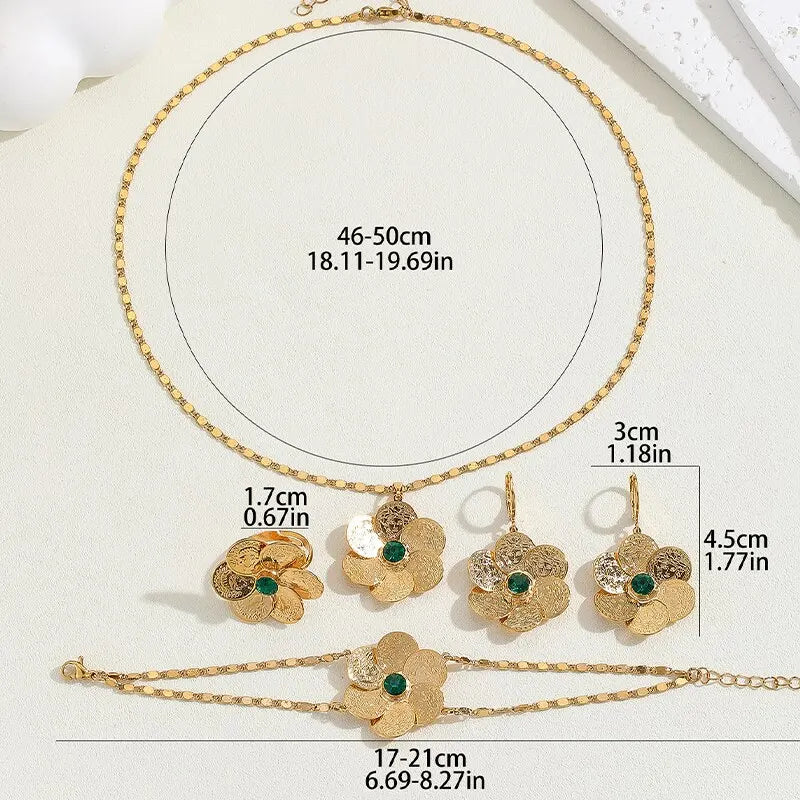 Ensemble de bijoux en forme de fleur en cristal vert, pendentif, collier, Bracelet à deux couches, bague, boucles d'oreilles pour femmes, à la mode, 4 pièces