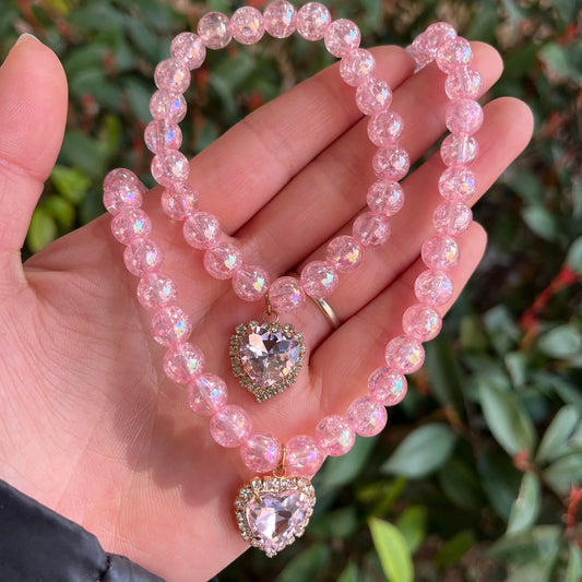 Ensemble de bijoux en cristal pour enfants, de haute qualité, avec pierres précieuses roses : bracelet et collier. Accessoires de princesse pour filles, nouvelle collection été, 2 pièces par ensemble