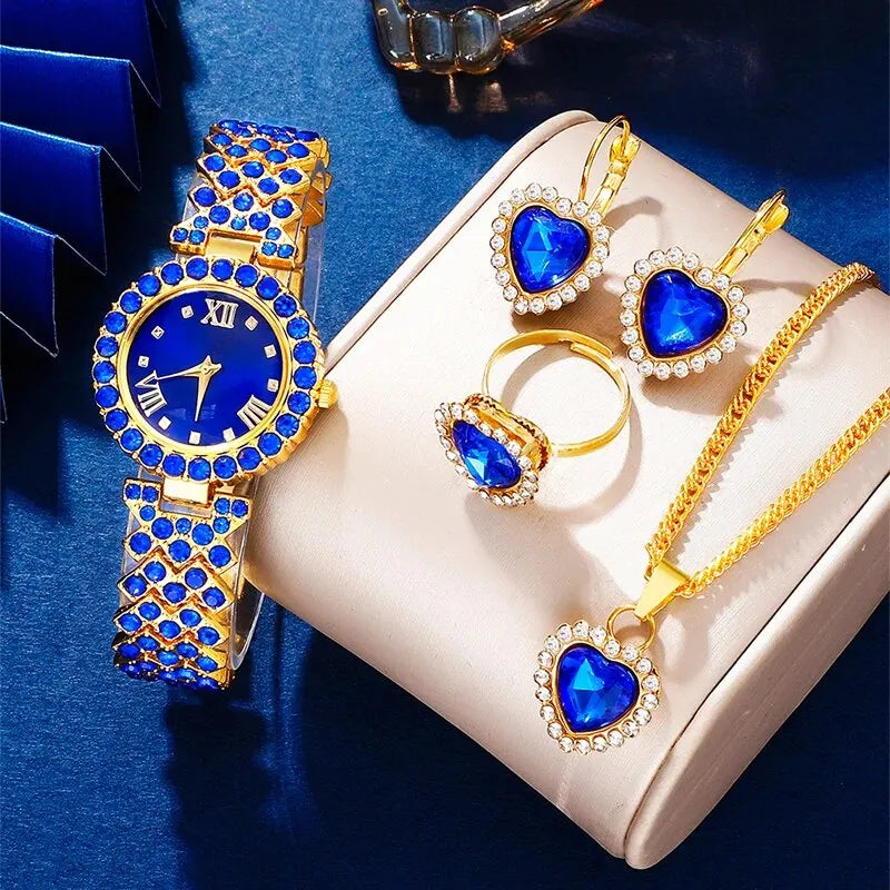 Nouvelle montre de luxe femmes collier boucle d'oreille bleu strass mode montre-bracelet décontracté dames montres ensemble de bijoux