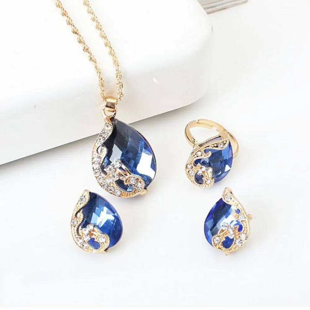 Ensemble de bijoux pour femmes, 3 pièces, bijoux en pierres précieuses bleues, tempérament Simple, rentable, collier, bague, boucle d'oreille, ensemble intégré