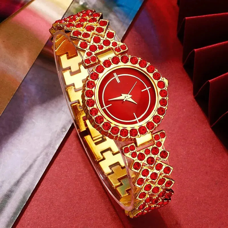 Nouvelle montre de luxe femmes rouge collier boucle d'oreille strass mode montre-bracelet décontracté dames montres ensemble de bijoux