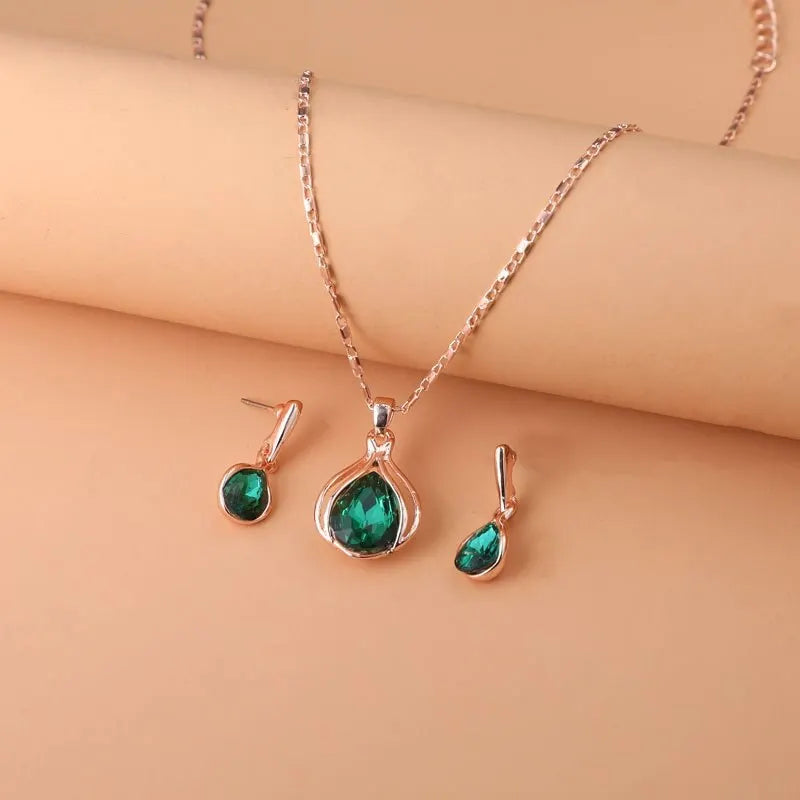 Collier et boucles d'oreilles couleur or Rose, pendentif en alliage de verre cristal vert, ensemble de bijoux de Style Simple à la mode, 3 pièces