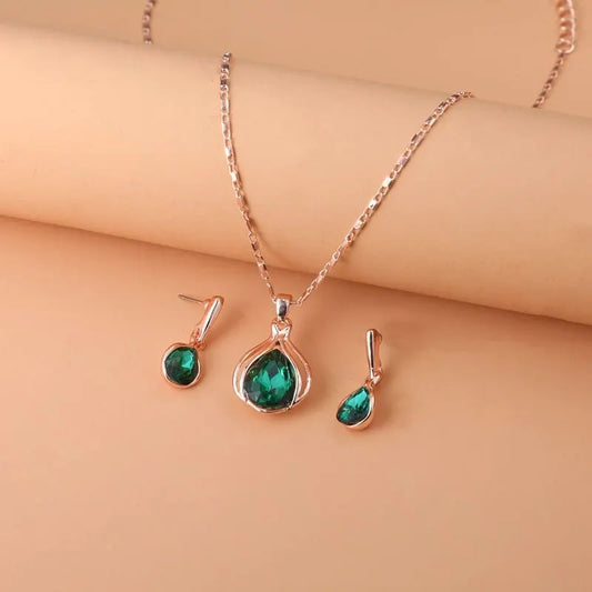 Collier et boucles d'oreilles couleur or Rose, pendentif en alliage de verre cristal vert, ensemble de bijoux de Style Simple à la mode, 3 pièces