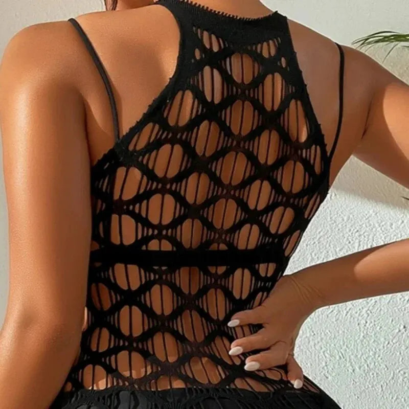 Robe ajourée en résille, sexy, sans bikini, idéale pour les vacances d'été.