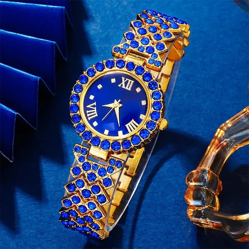 Nouvelle montre de luxe femmes collier boucle d'oreille bleu strass mode montre-bracelet décontracté dames montres ensemble de bijoux