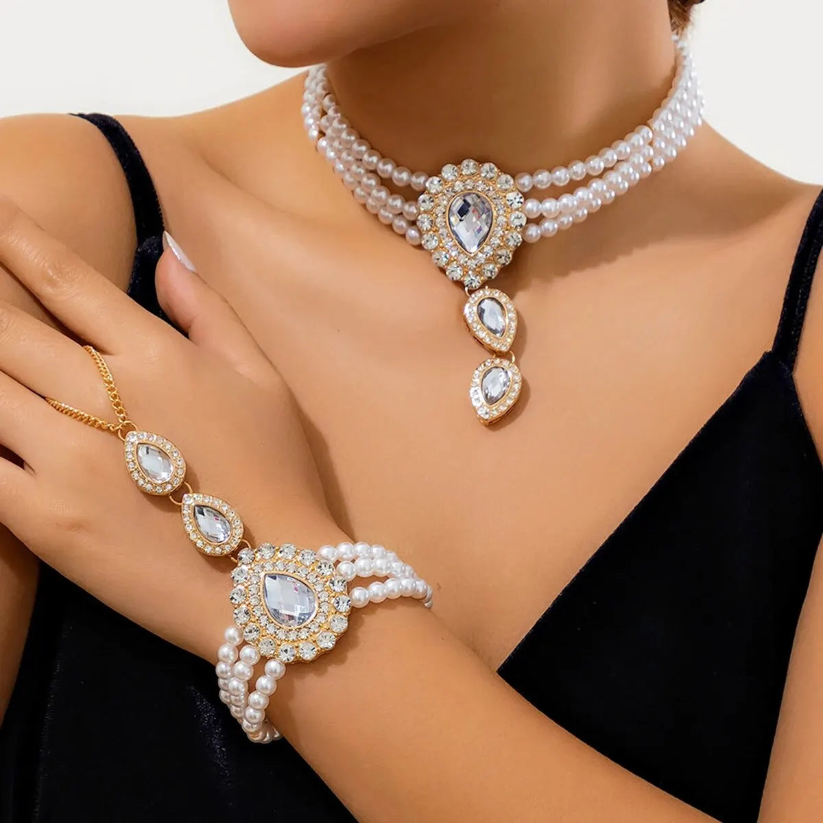 Ensemble de bijoux élégants multicouches en Imitation de perles pour femmes, 2 pièces, collier et Bracelet de luxe en strass pour mariée, accessoires de mariage