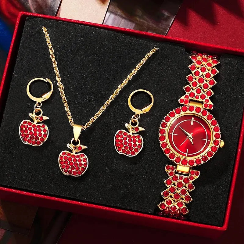 Nouvelle montre de luxe femmes rouge collier boucle d'oreille strass mode montre-bracelet décontracté dames montres ensemble de bijoux