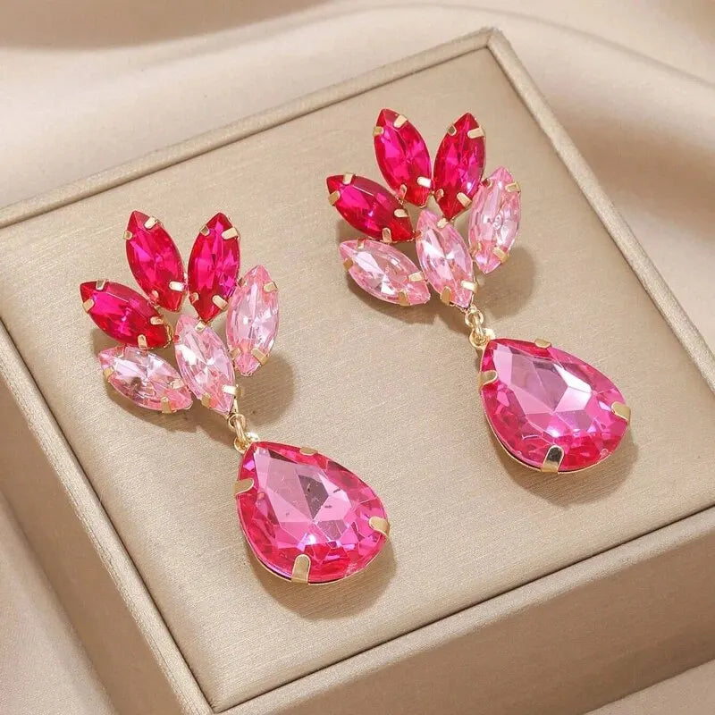 Boucles d'oreilles géométriques en pierre de verre pour femmes, boucles d'oreilles en pierre de cristal rose Fuchsia, bijoux de fête de mariée et de mariage