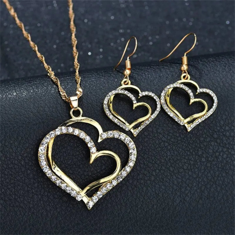 Ensemble de bijoux en forme de cœur, 3 pièces, boucles d'oreilles, pendentif, collier pour femmes, mode exquise, strass, ensemble de bijoux Double cœur