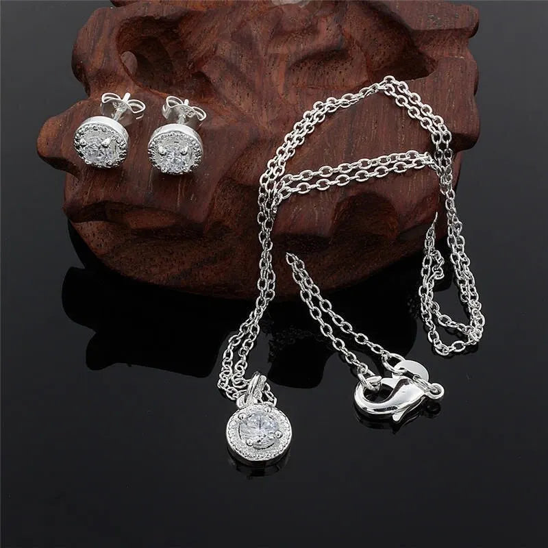 Ensemble de bijoux en laiton plaqué argent brillant, 4 pièces, collier, bague, boucles d'oreilles, modèles féminins, Style de luxe léger, avec zircone