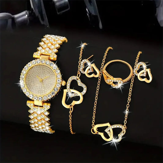 Montre à Quartz délicate pour femmes, ensemble de bijoux en forme de cœur, montre en strass, collier Double cœur, Bracelet, boucles d'oreilles, ensemble de bagues